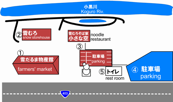 道の駅雪のふるさとやすづか　施設 雪だるま物産館、雪むろ、雪むろそば家小さな空